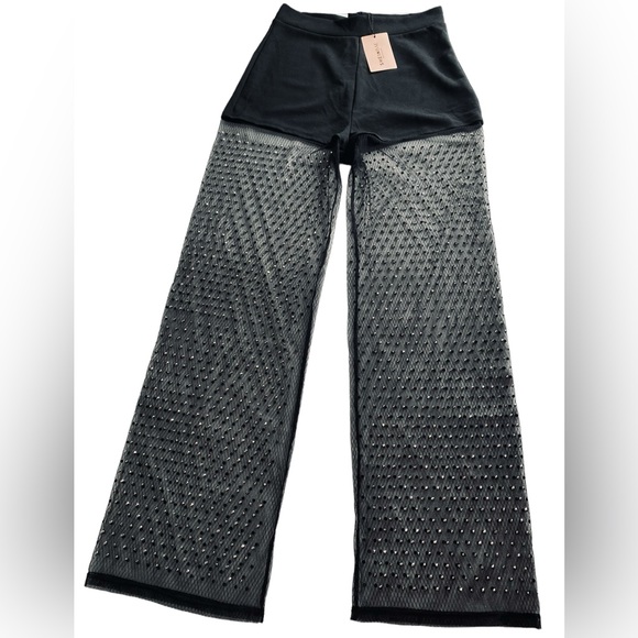 SHEIN - NWT Rhinestone Detail Contrast Mesh Flare Leg Pants - Large - Picture 11 of 16